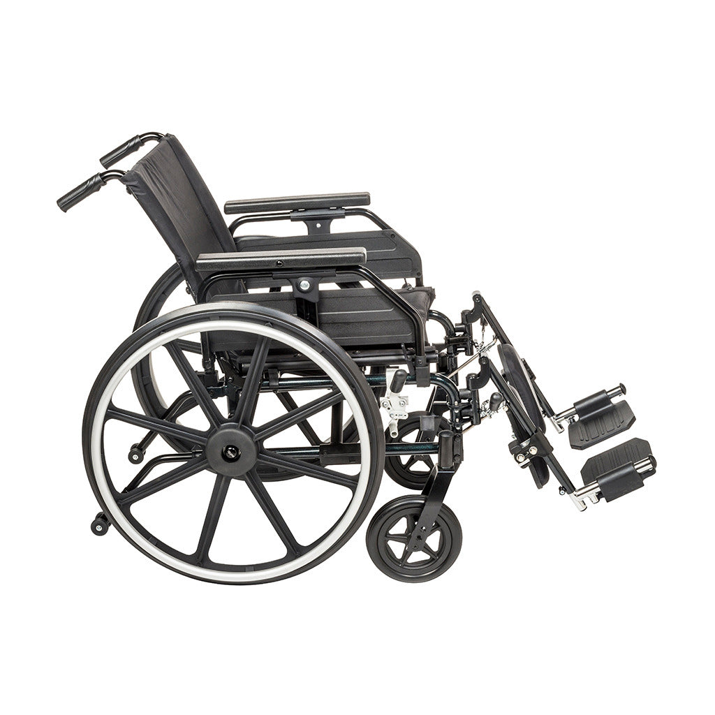 Wheelchair with black frame, reclining back, flip-back armrests, elevating leg rests, and large rear wheels, shown from the
