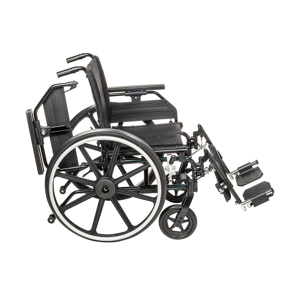 Wheelchair with black frame, spoke rear wheels, flip-back universal armrests, and swing-away elevating leg rests, side view