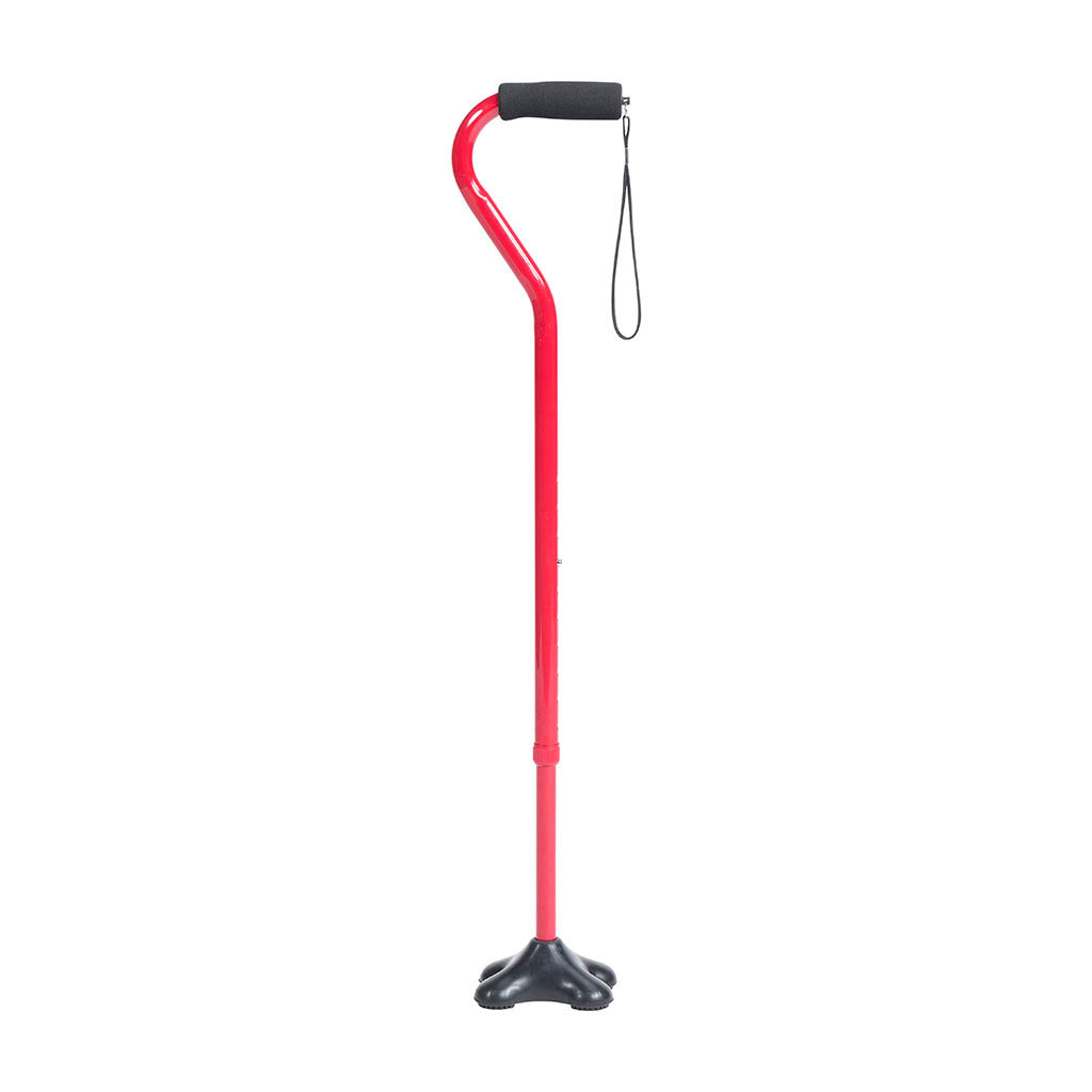 Quad cane with red shaft, black foam offset handle, wrist strap, and four-point black rubber base tip