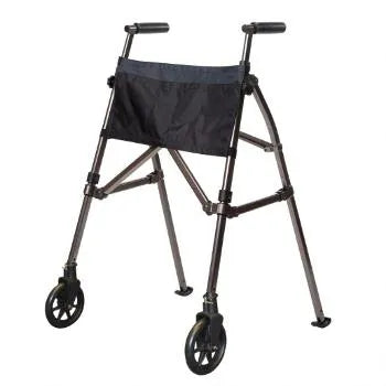 Folding two-wheel walker with black fabric pouch, adjustable handles, and dark metallic frame