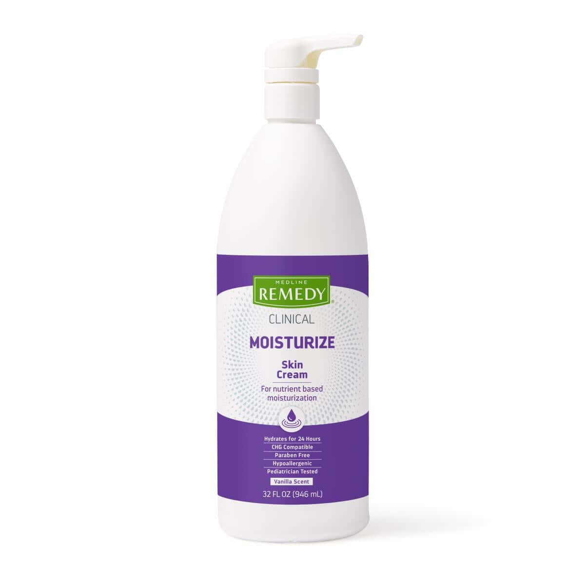 Medline Remedy Clinical Moisturize Skin Cream in a 32 fl oz white pump bottle with purple label