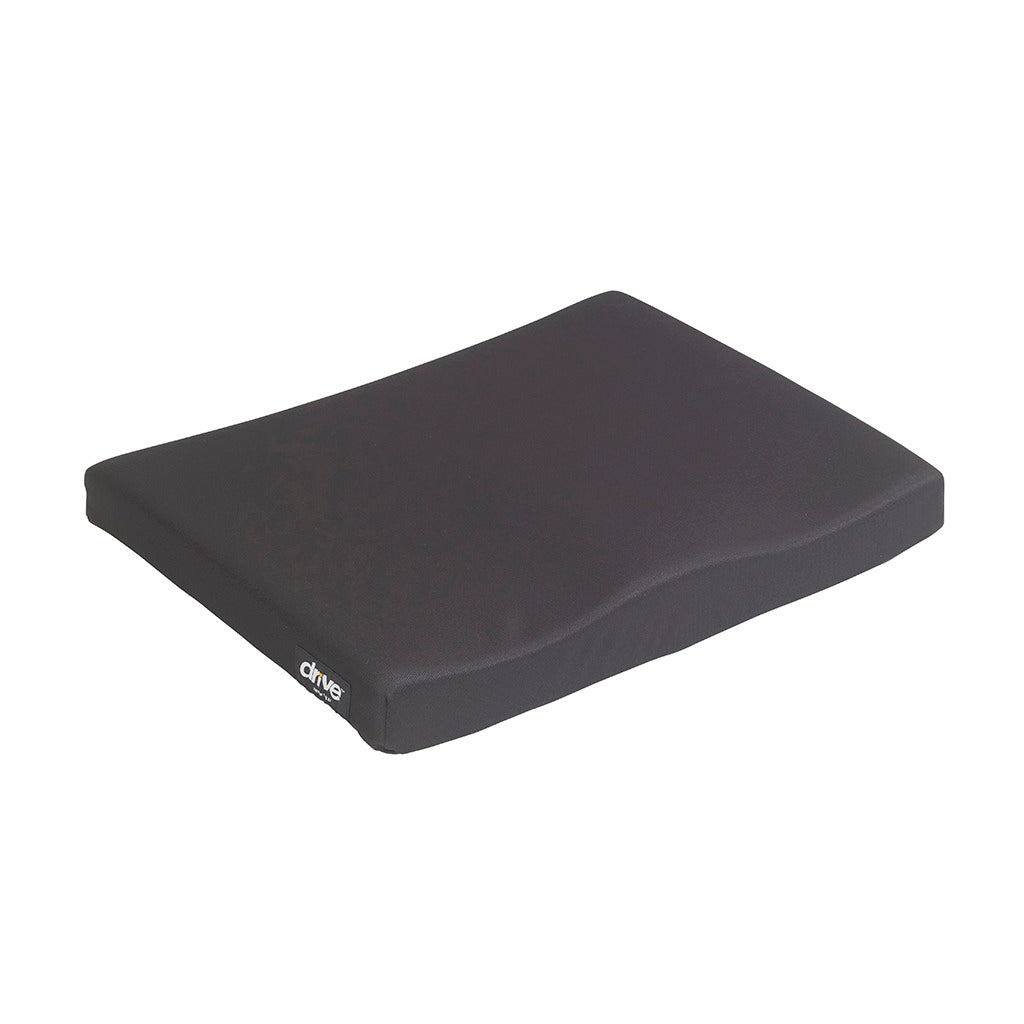 Wheelchair seat cushion with black fabric cover, flat rectangular profile, shown at an angle on white background