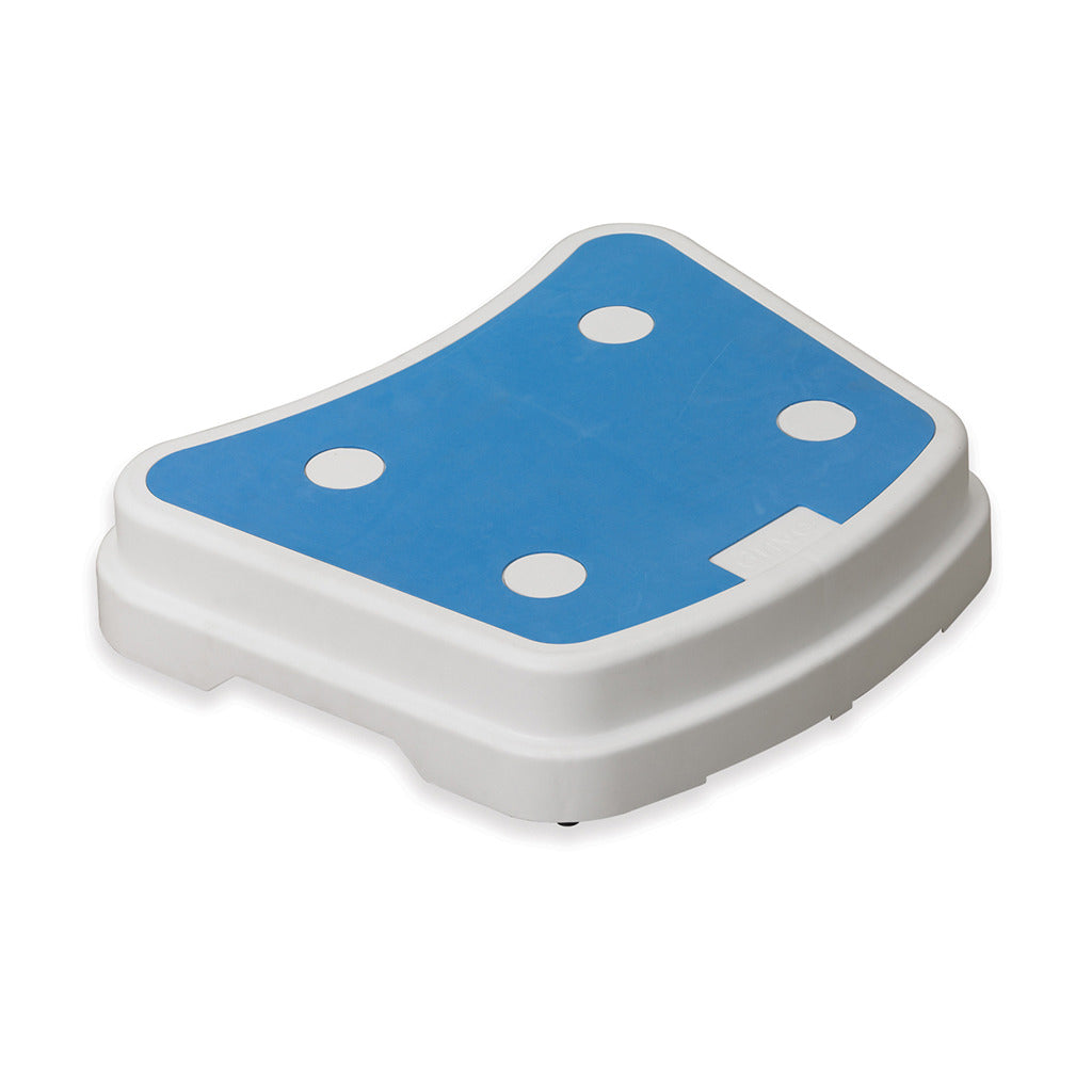 Portable bath step with blue non-slip surface and white plastic base, featuring four suction cup holes