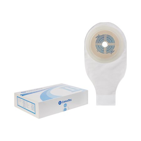 One-piece drainable ostomy pouch with cut-to-fit wafer shown beside its ConvaTec branded white product box