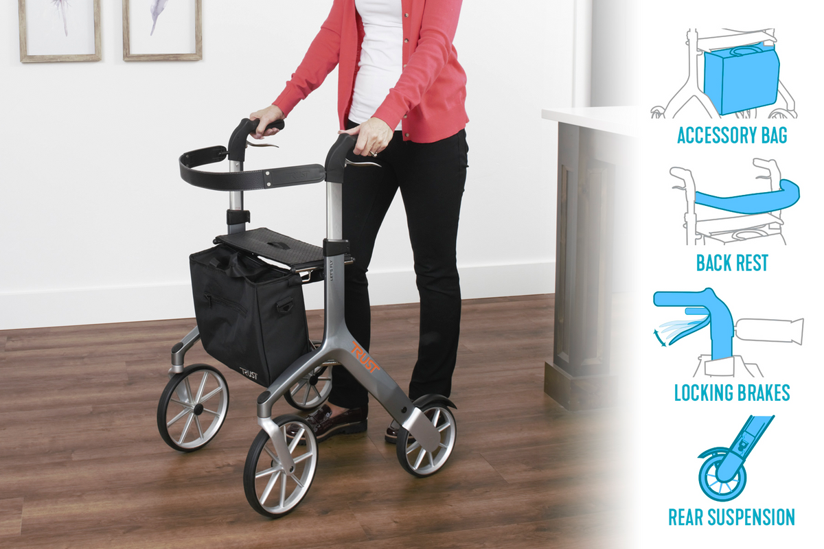 Rollator walker with four wheels, black storage bag, and padded seat being used by a woman indoors, with feature callout