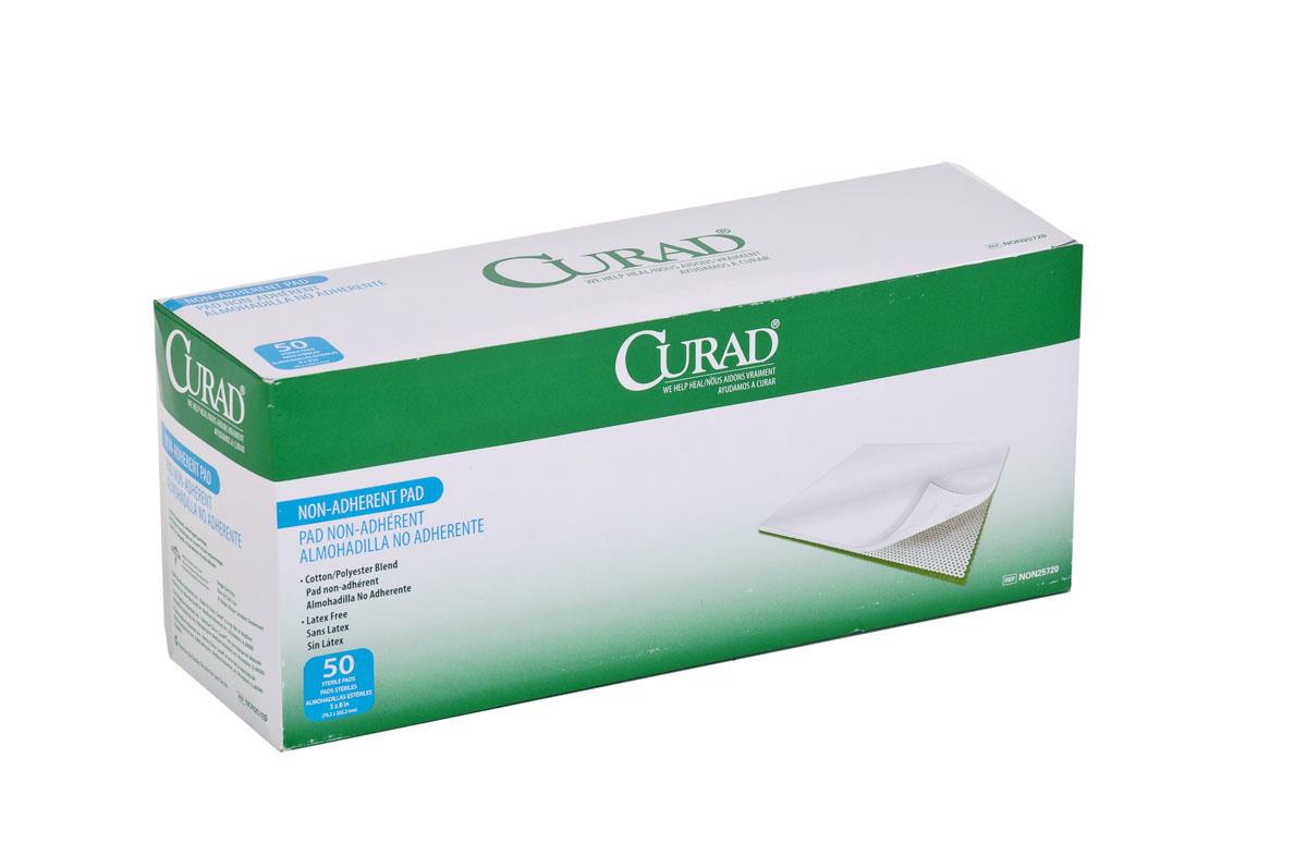 Non-adherent sterile pad box by Curad, white and green packaging, 50 count, latex free, cotton/polyester blend