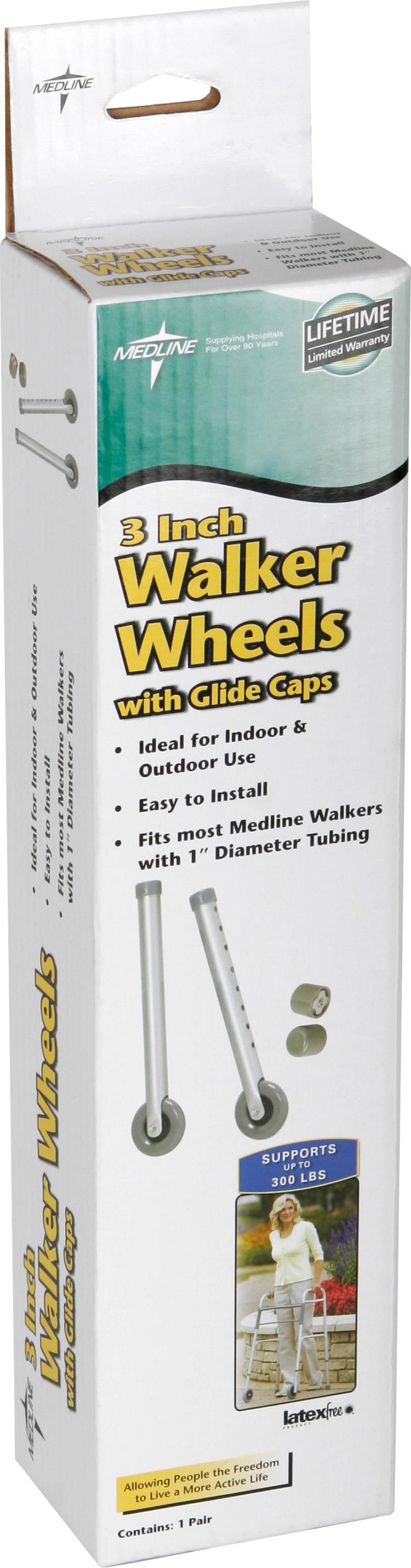 Medline 3-inch walker wheels with glide caps shown in retail box packaging, pair included