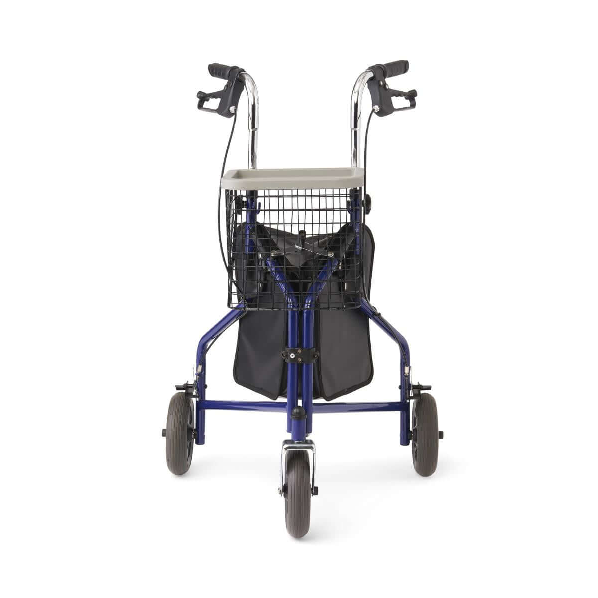 Three-wheel steel rollator in blue with hand brakes, wire basket, tray, storage bag, and three gray wheels, front view