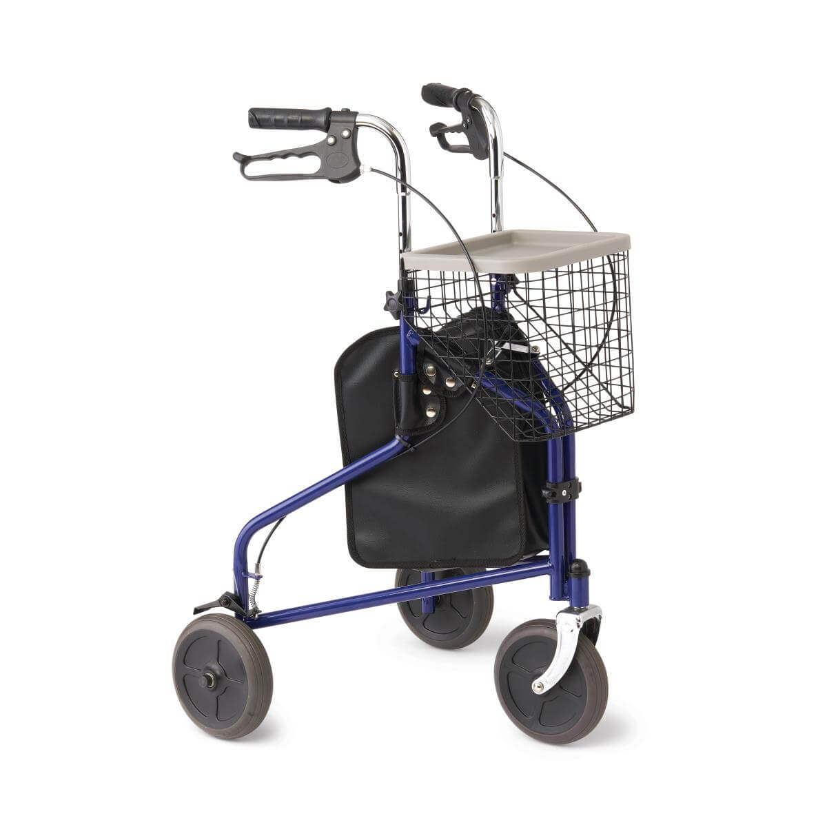 Three-wheel rollator with blue steel frame, hand brakes, wire basket with tray top, and black storage pouch