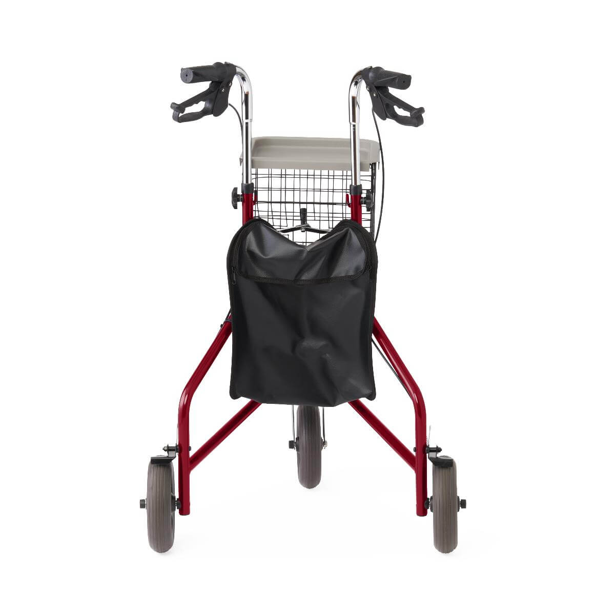 Three-wheel steel rollator with red frame, hand brakes, wire basket, black storage bag, and padded seat, front view