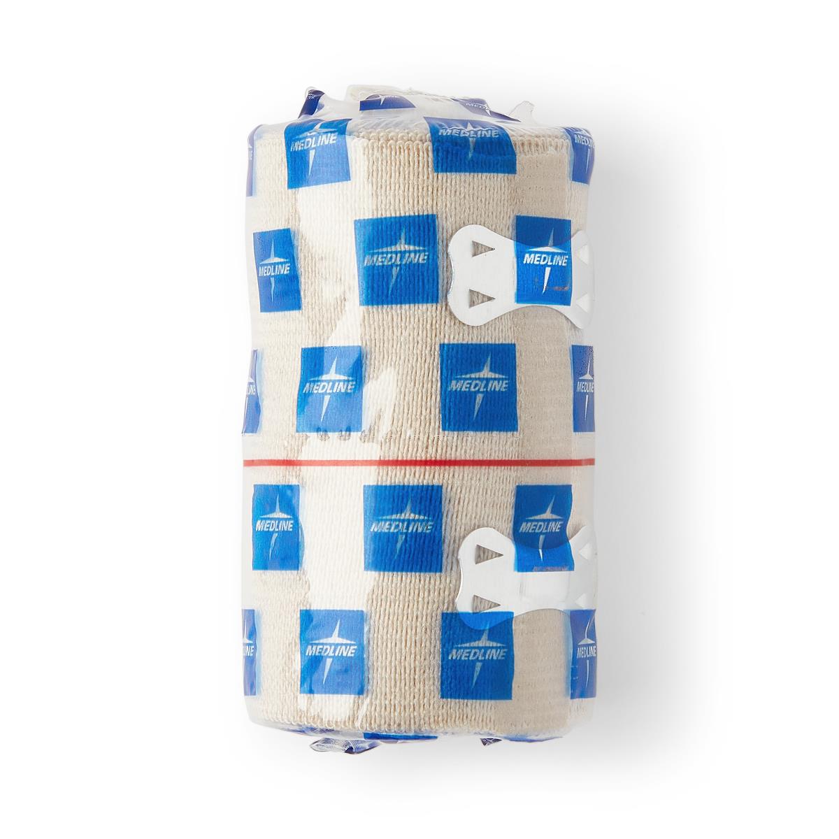 Rolled elastic bandage by Medline in clear packaging with blue logo print and white plastic clips visible on the side