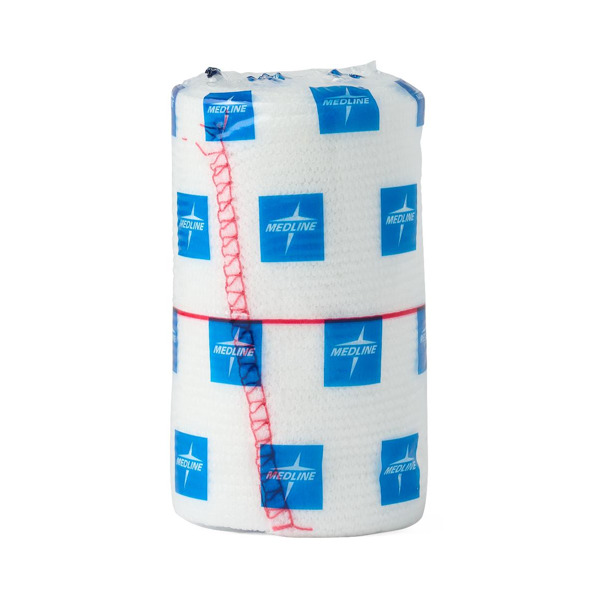 Elastic bandage roll in white with blue Medline logo pattern and red stitching detail, shown upright on white background
