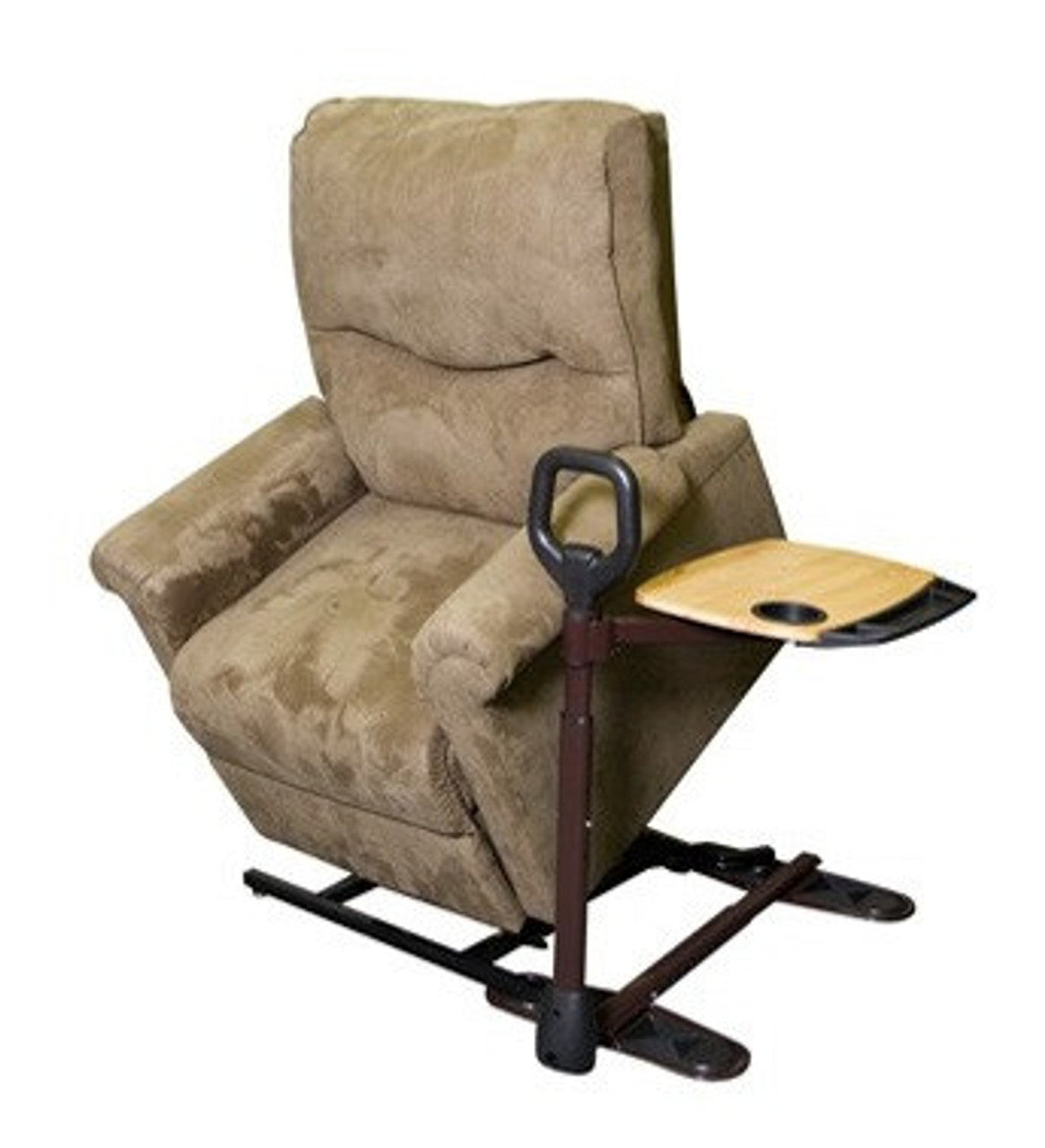 Lift chair assist handle with attached wooden tray and cup holder, shown beside a tan upholstered recliner