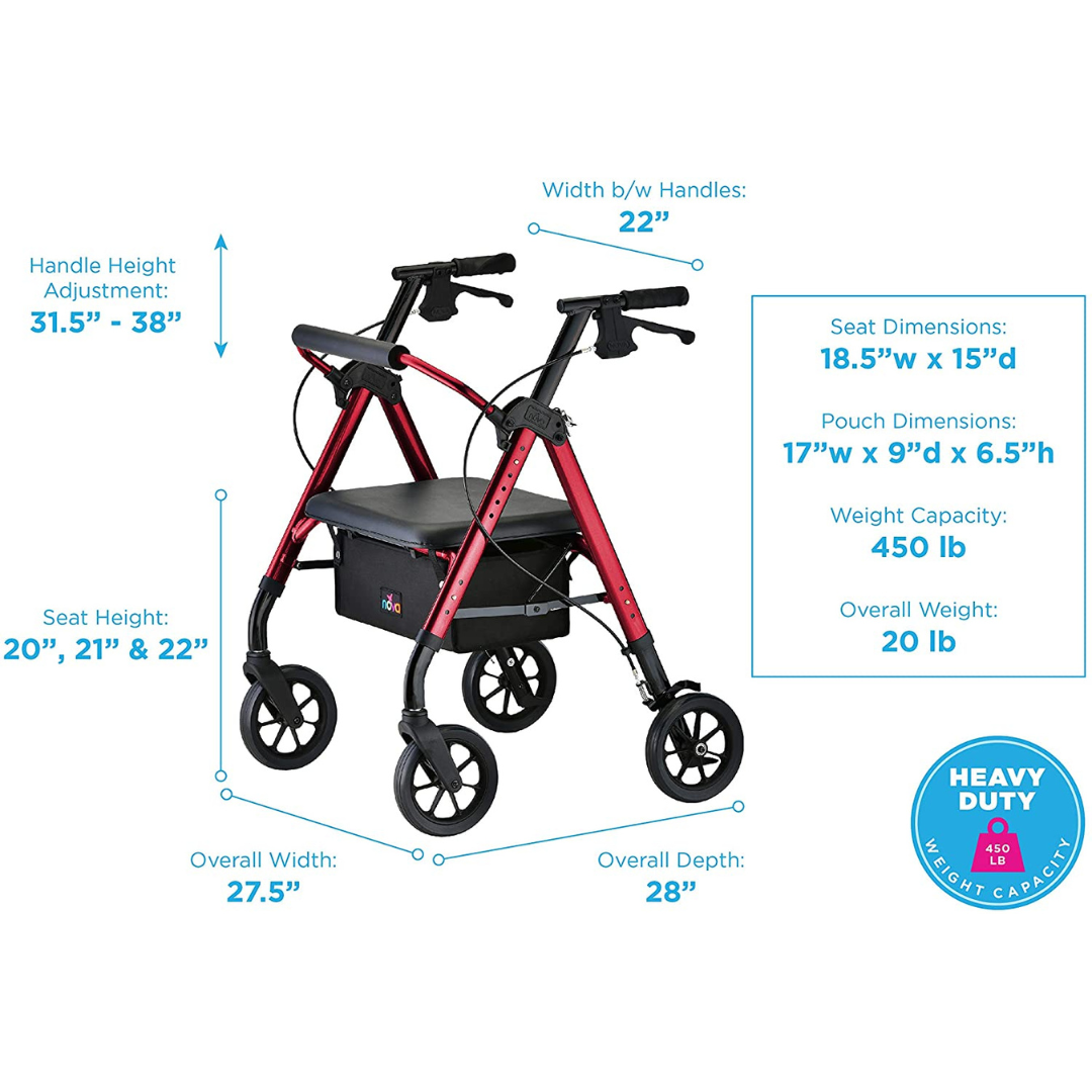 Rollator walker in red with four large wheels, padded seat, hand brakes, and underseat pouch, shown with dimension callouts