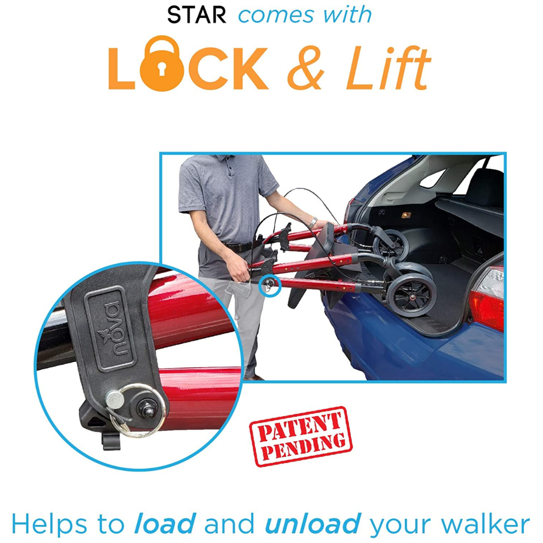 Rollator being loaded into a car trunk using the Lock and Lift folding mechanism, with a close-up of the locking latch detail