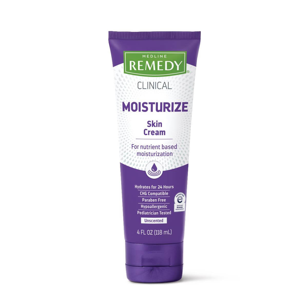 Medline Remedy Clinical Moisturize Skin Cream in a purple and white 4 fl oz squeeze tube, unscented formula