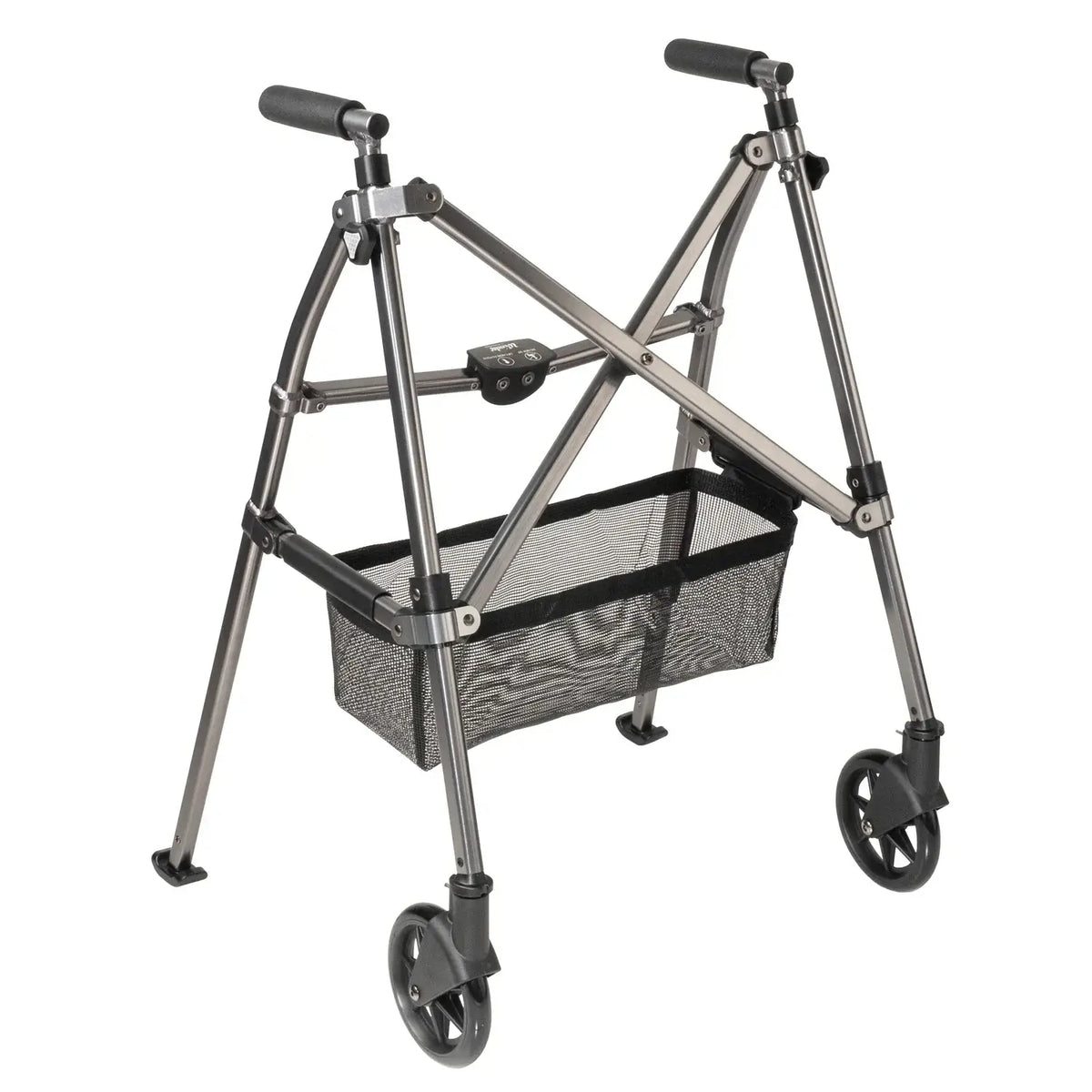 Wonder Walker Lite folding two-wheel walker with mesh storage basket, black foam handles, and silver aluminum frame