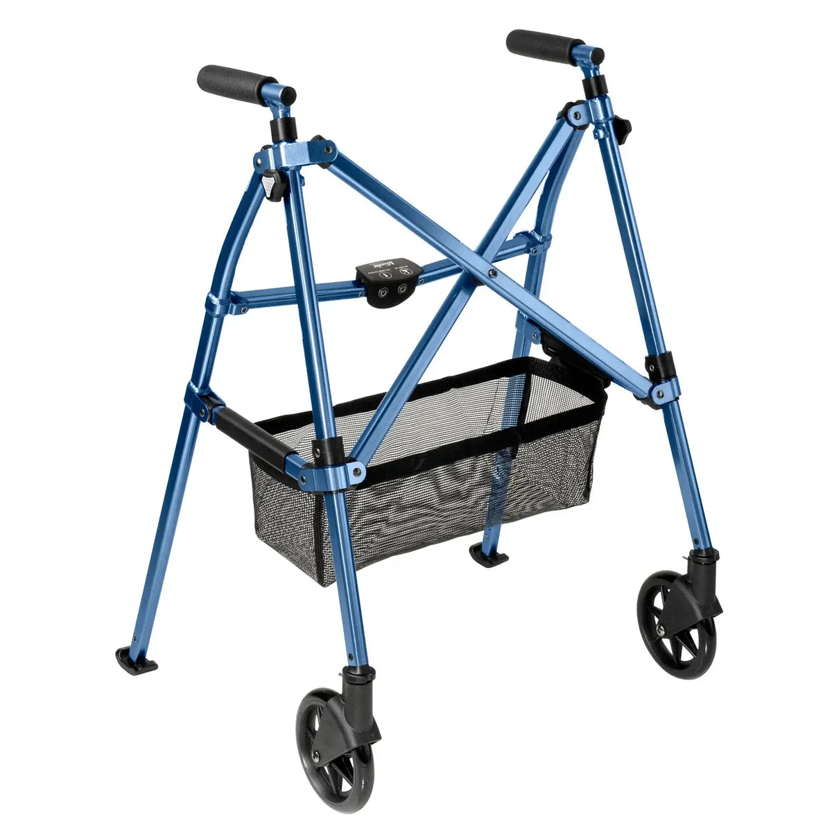 Wonder Walker Lite two-wheel walker in blue with folding X-frame, black foam handles, front wheels, and attached mesh