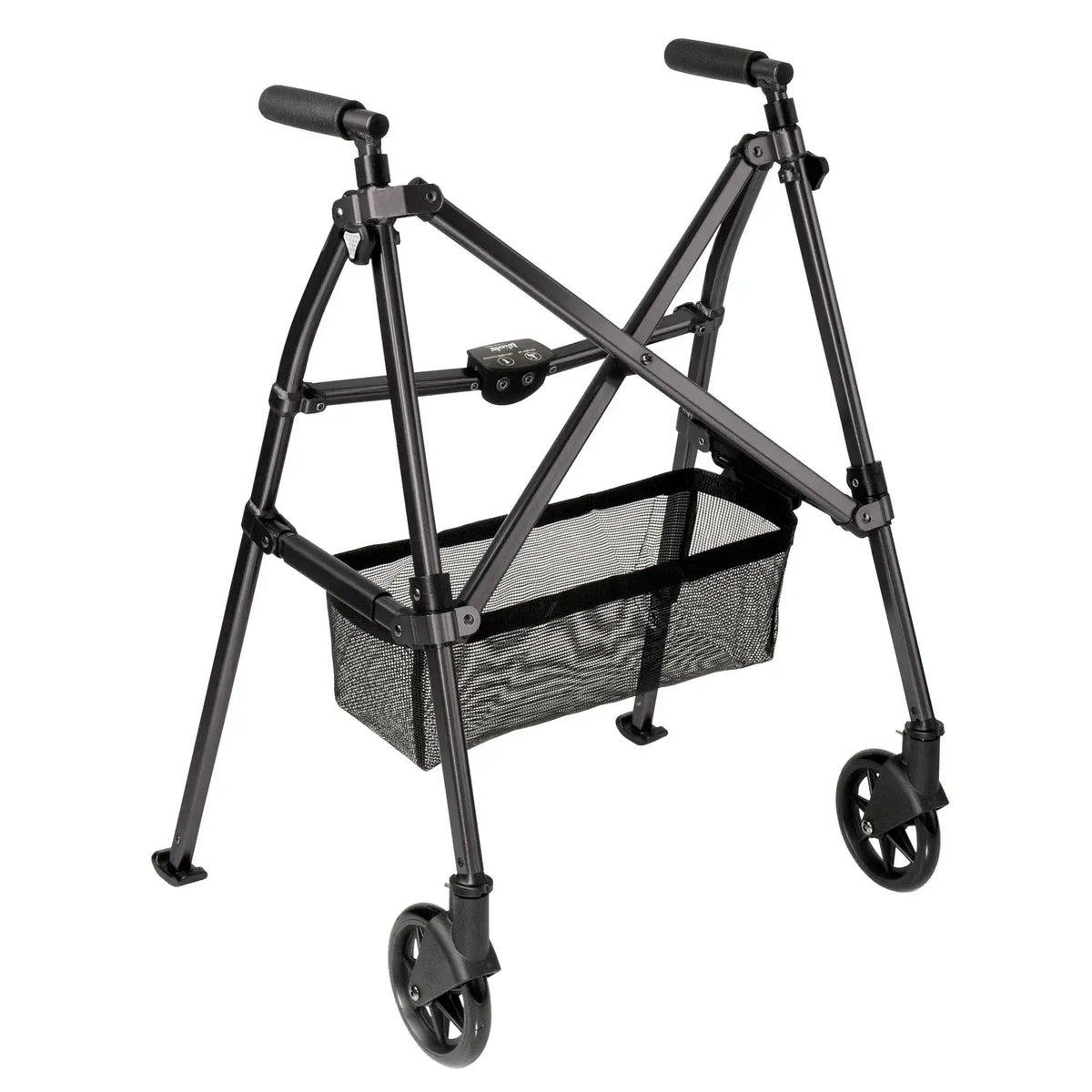 Wonder Walker Lite two-wheel walker in matte black with fold-flat crossed frame, padded handles, and front mesh storage