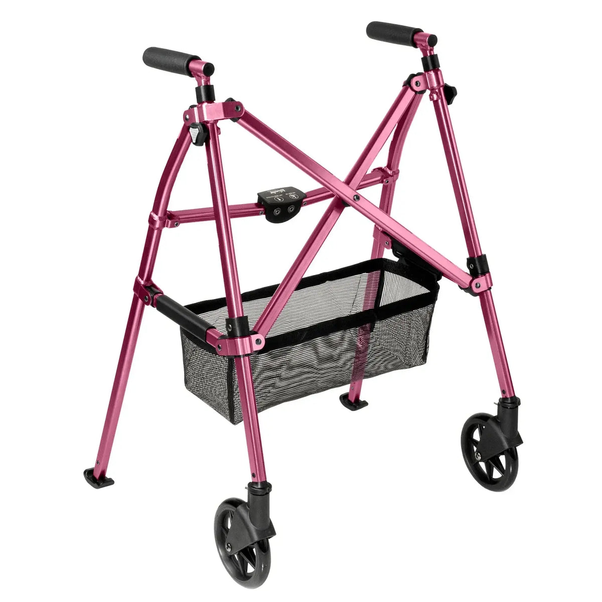 Wonder Walker Lite rolling walker in pink with black foam handles, two front wheels, rear glide tips, and a mesh storage