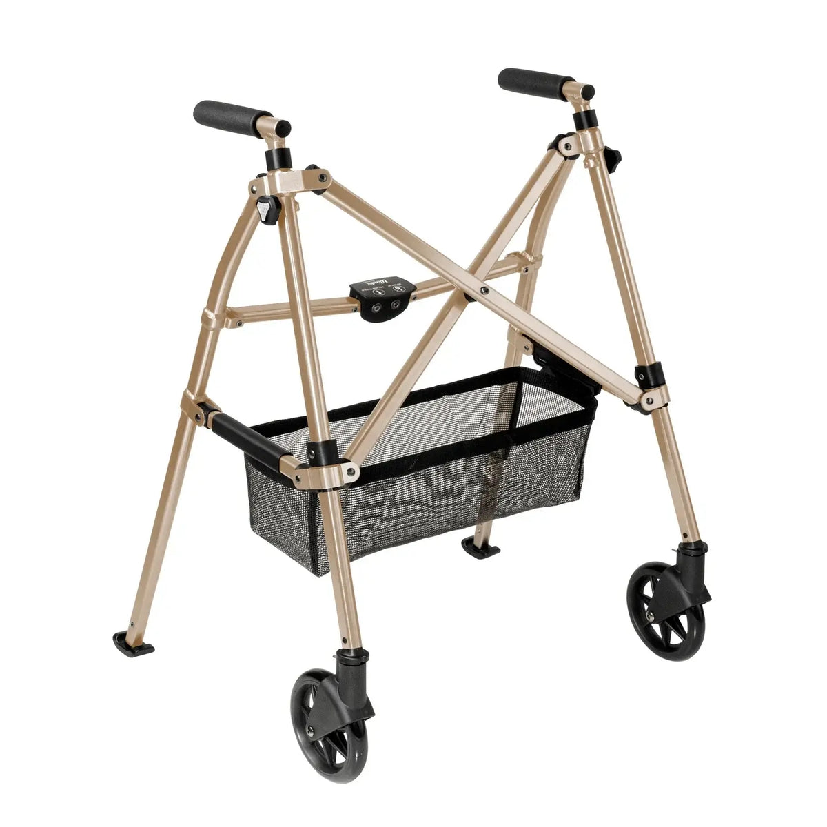 Wonder Walker Lite folding rollator with gold aluminum frame, black foam handles, front wheels, and mesh storage basket