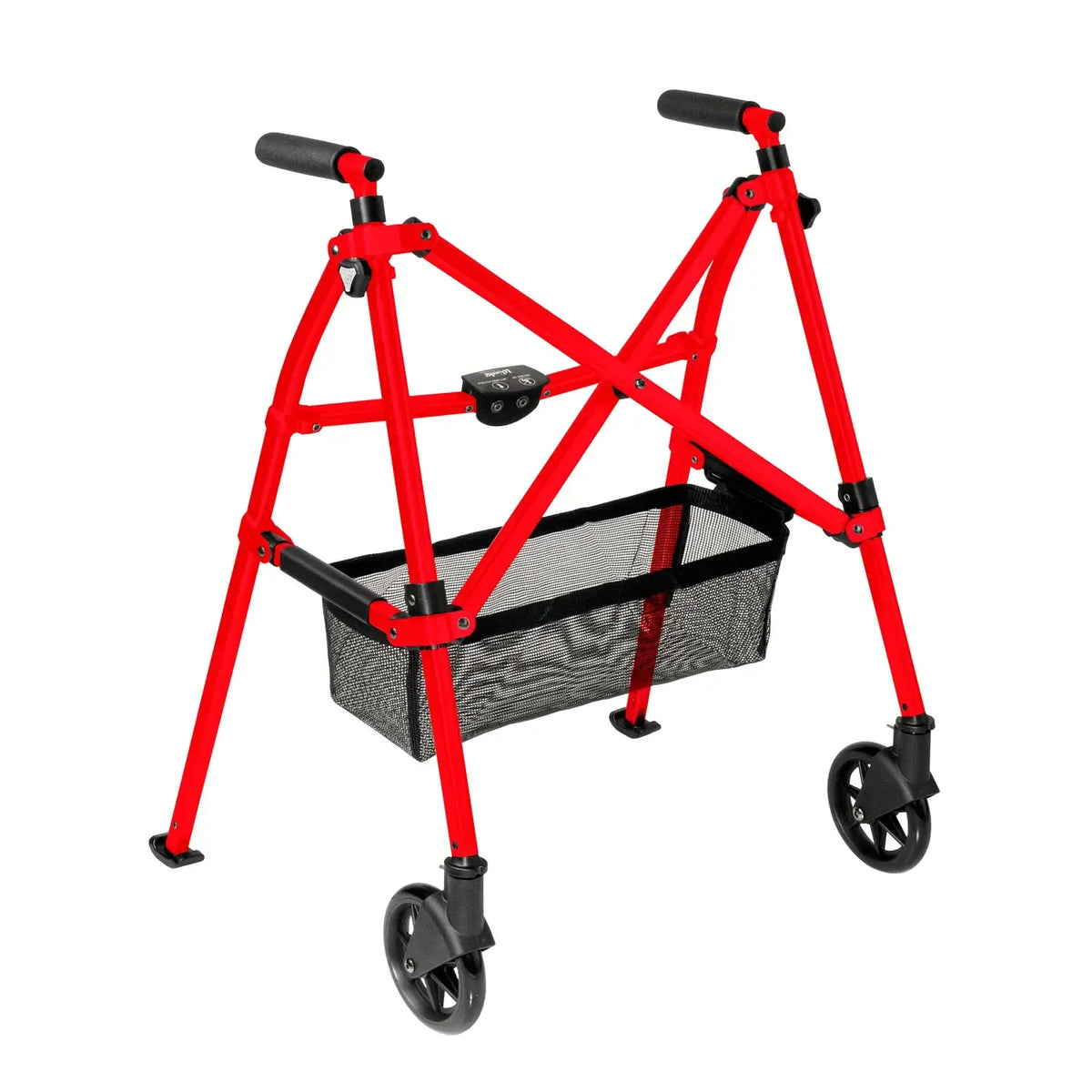 Wonder Walker Lite folding two-wheel walker in red with black foam handles, cross-brace frame, and front mesh basket