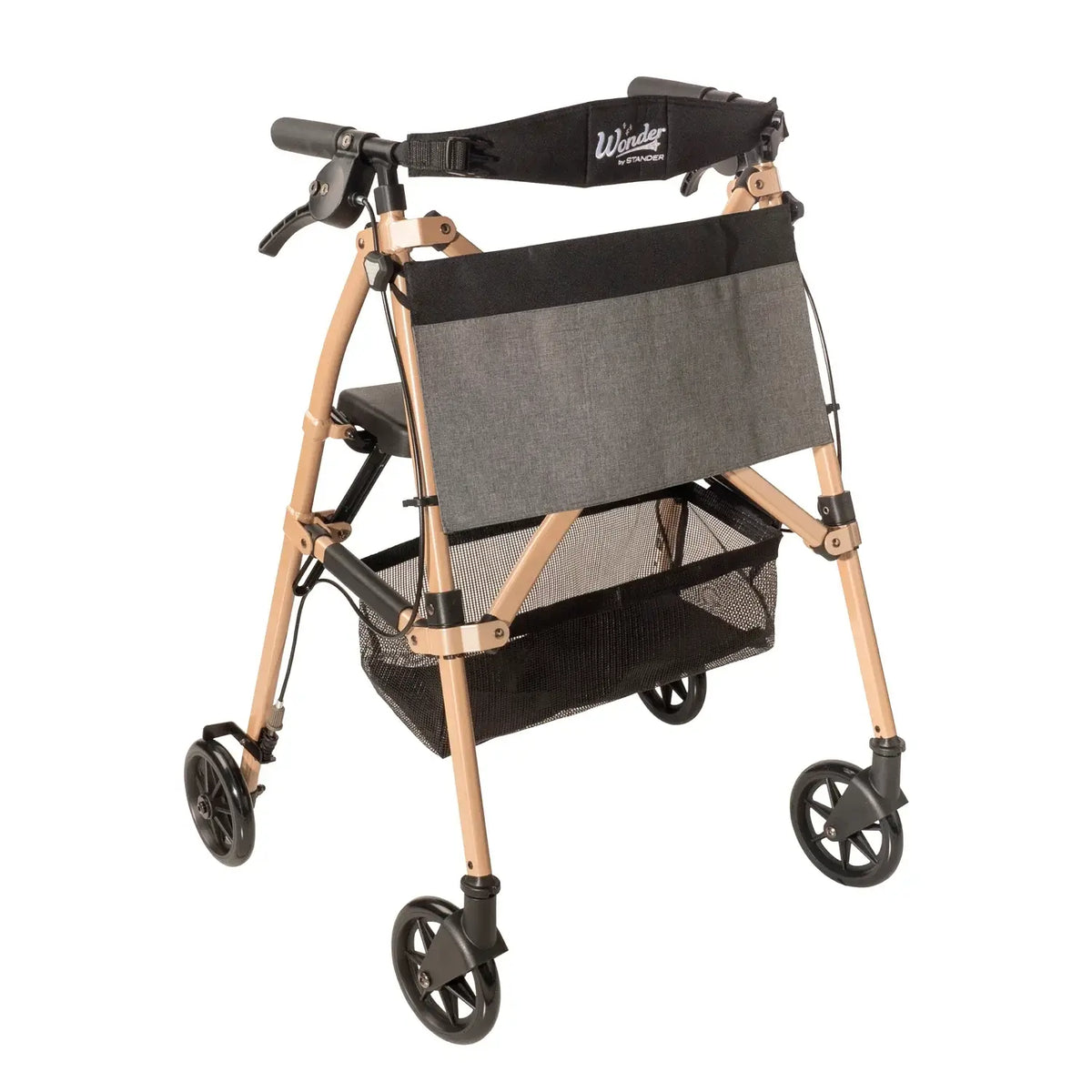 Rollator walker with gold frame, hand brakes, padded backrest, mesh basket, and four black wheels on white background