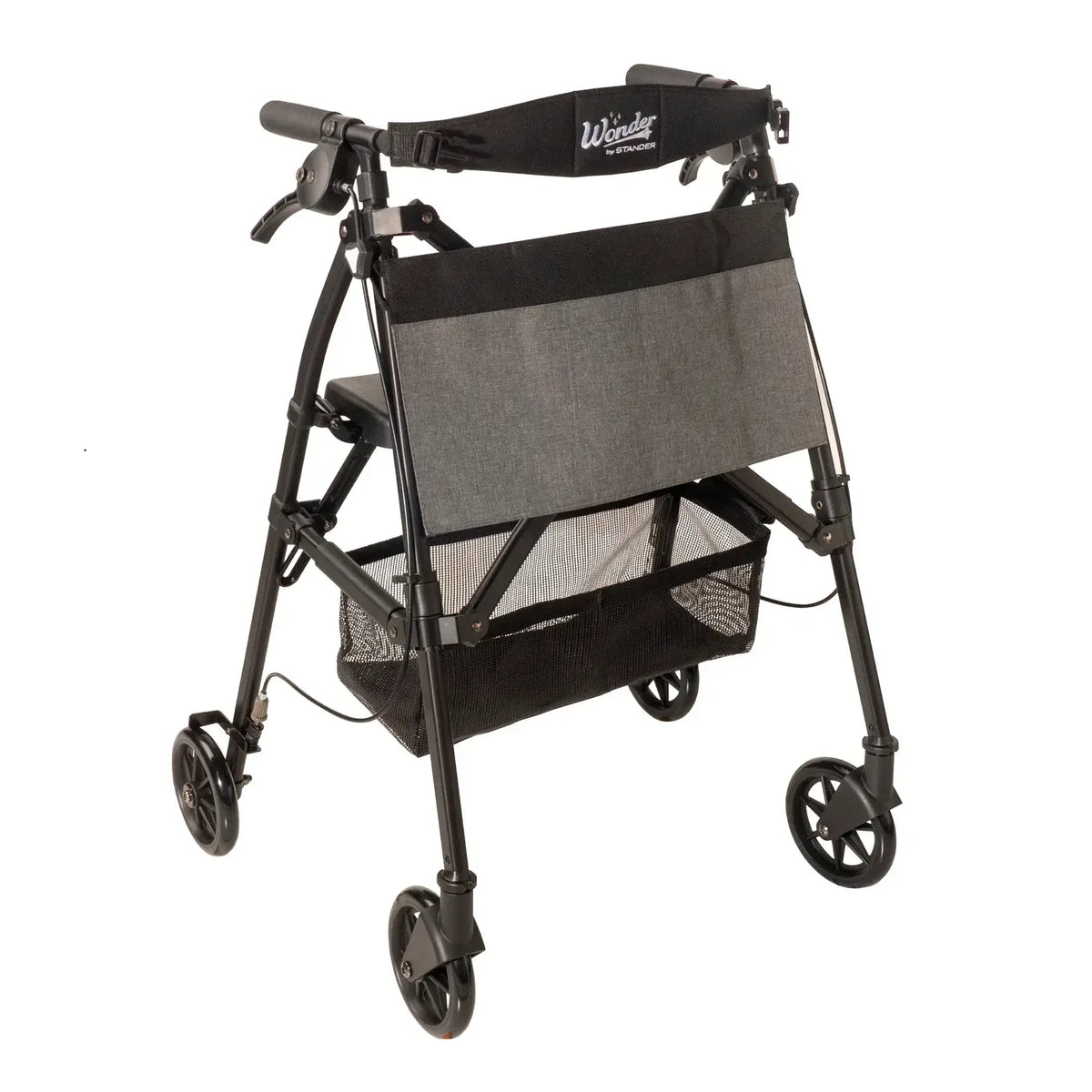 Wonder by Stander rollator walker in black with four wheels, hand brakes, mesh storage basket, and gray fabric back panel