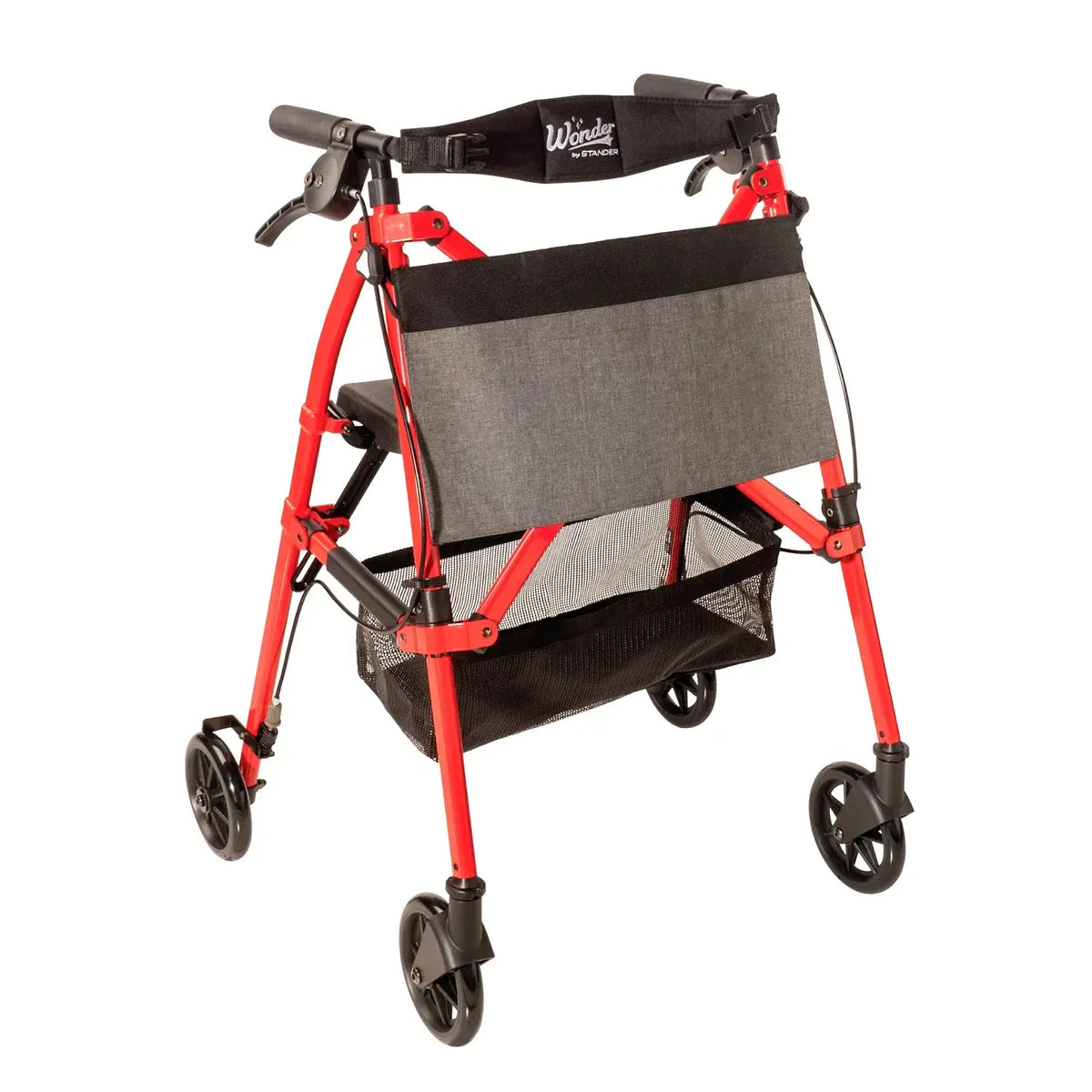 Rollator walker with red frame, four wheels, hand brakes, padded back support, and lower mesh storage basket on white