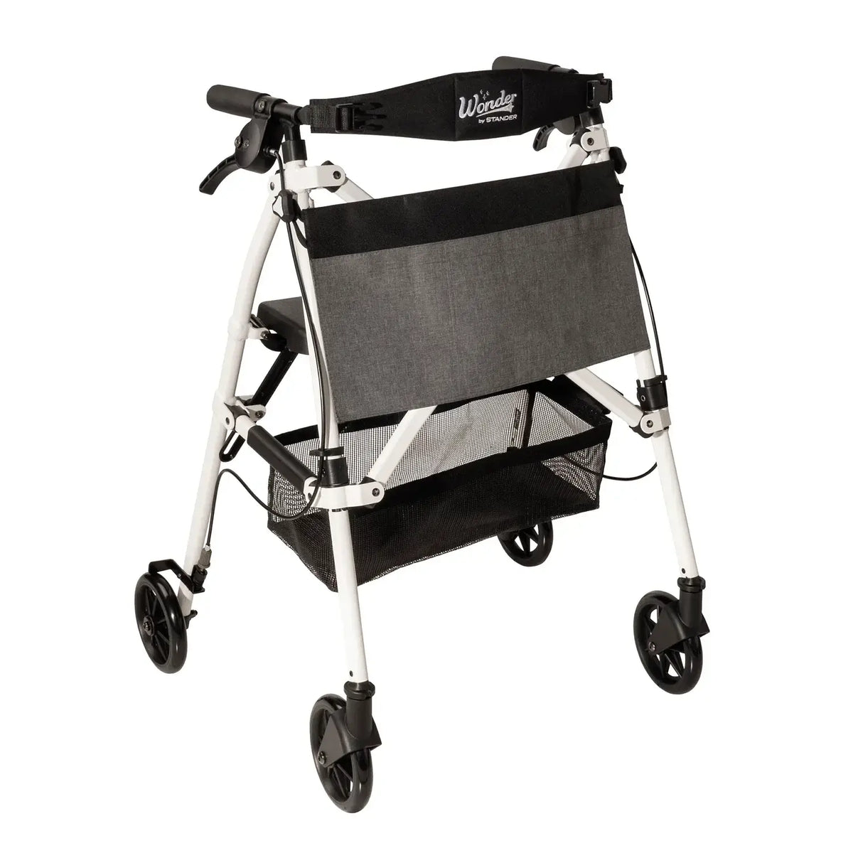 Rollator walker with white frame, hand brakes, padded backrest, mesh storage basket, and four black wheels