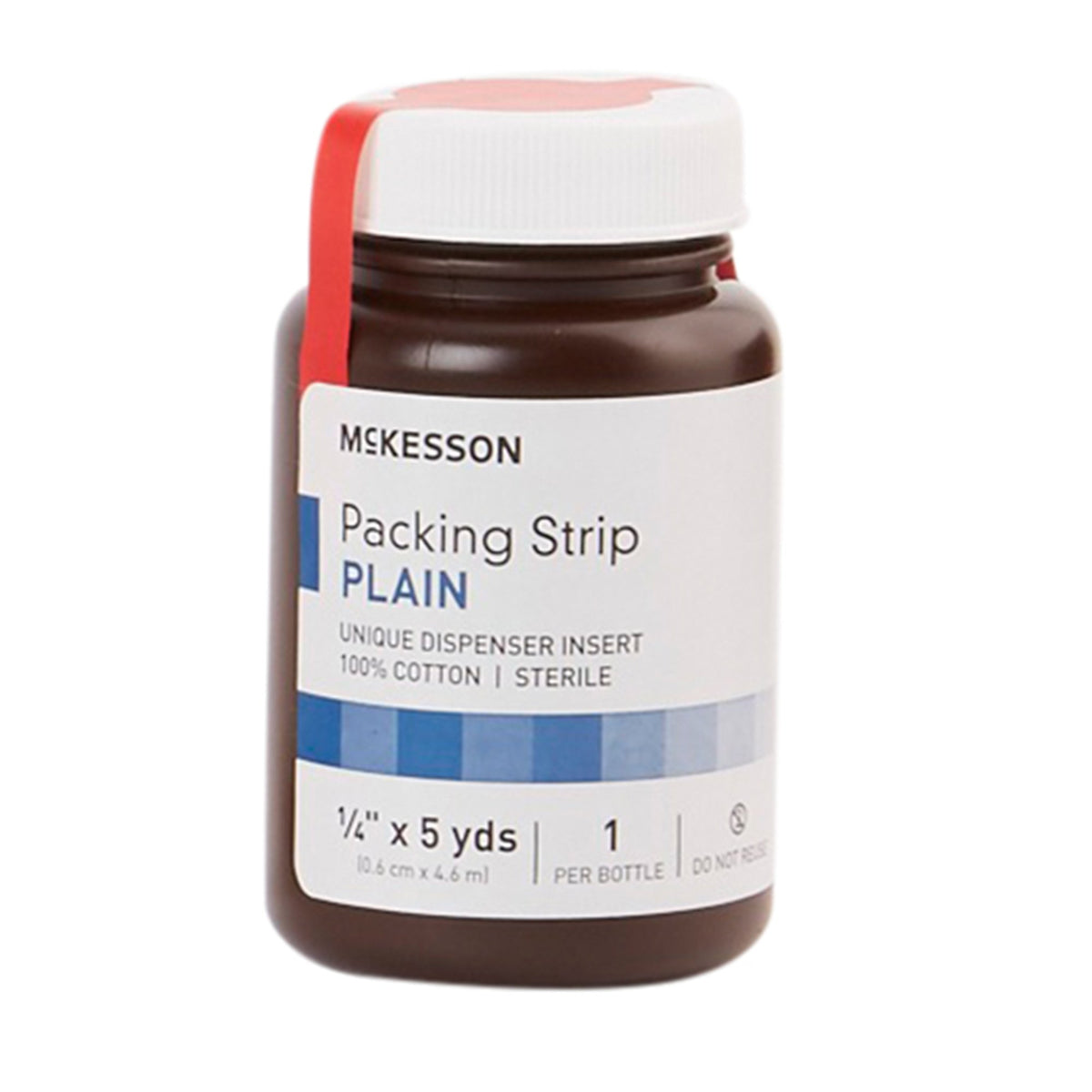 Wound packing strip in a dark brown dispenser bottle with white cap and red safety seal, labeled plain sterile cotton 1/4
