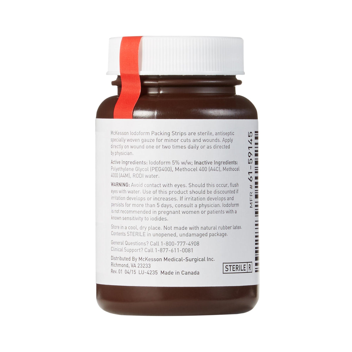 Iodoform wound packing strips in a brown plastic jar with white lid, showing back label with ingredients and warnings