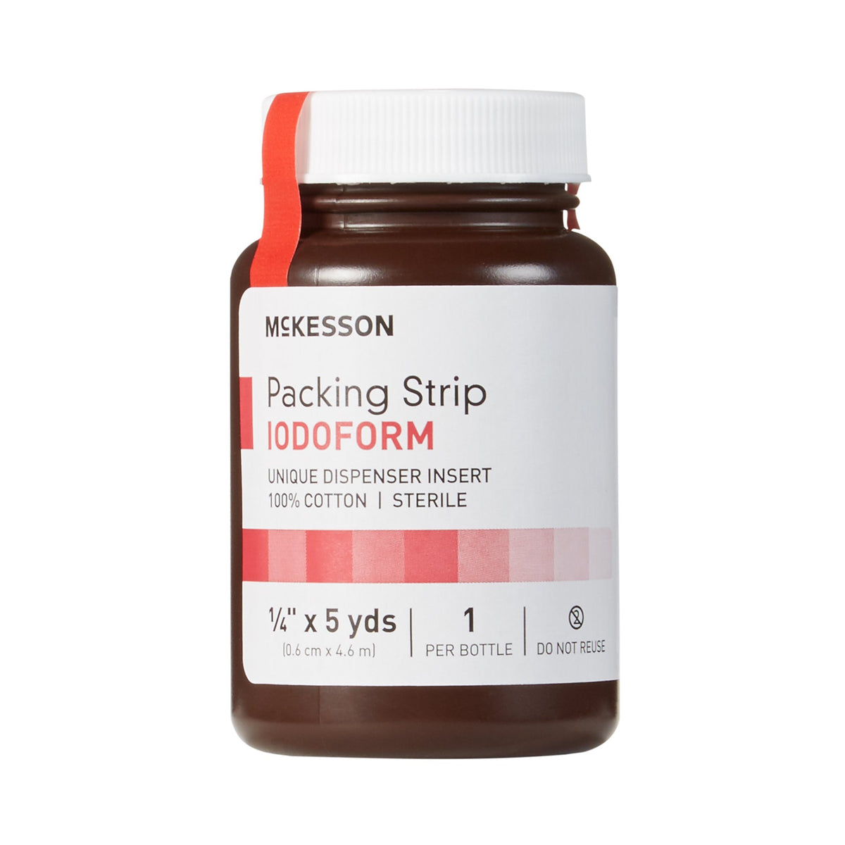 Wound packing strip iodoform in a dark amber bottle with white cap and red-accented label, 1/4 inch x 5 yards