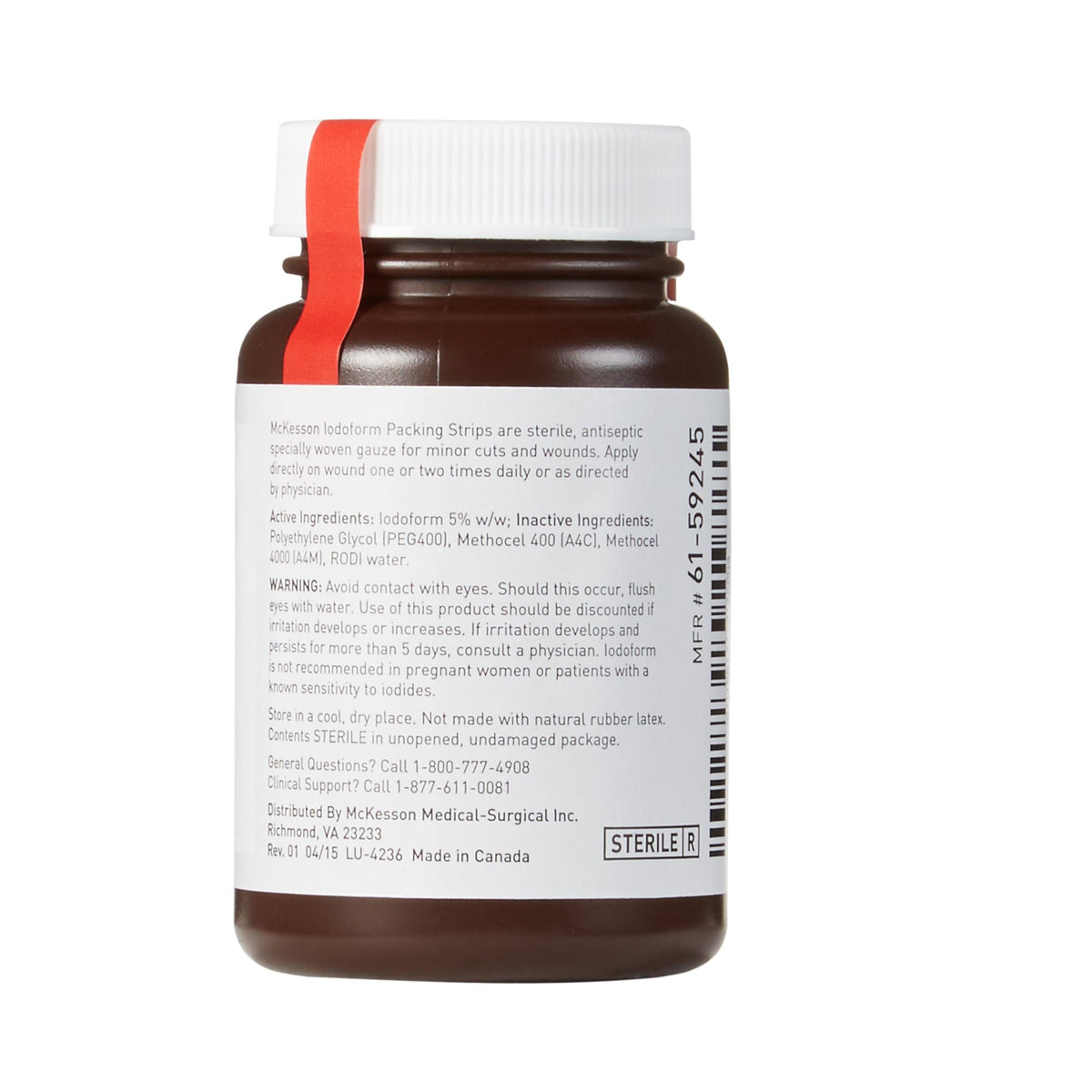 Iodoform wound packing strip bottle showing back label with ingredients, warnings, and barcode, white cap, amber plastic