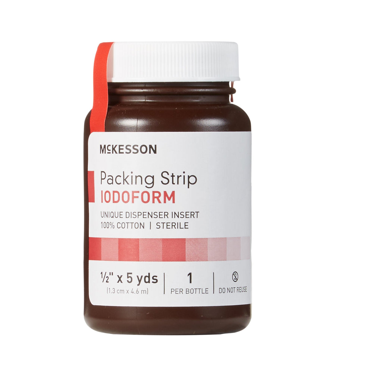 Iodoform wound packing strip in a dark amber bottle with white cap and McKesson label, 1/2 inch x 5 yards