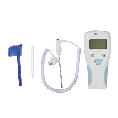SureTemp 690 oral thermometer with coiled probe cord, probe cover dispenser, and disposable probe covers on white background