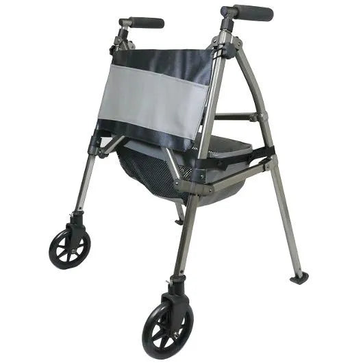 Folding rollator walker with four wheels, padded seat, back support, mesh basket, and ergonomic handles in gray and black