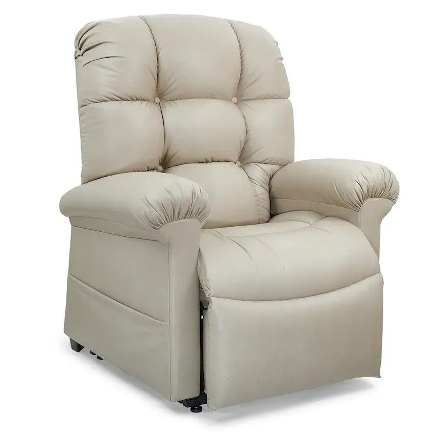 Power lift recliner chair in beige vinyl upholstery with tufted back, padded armrests, and seat in upright position