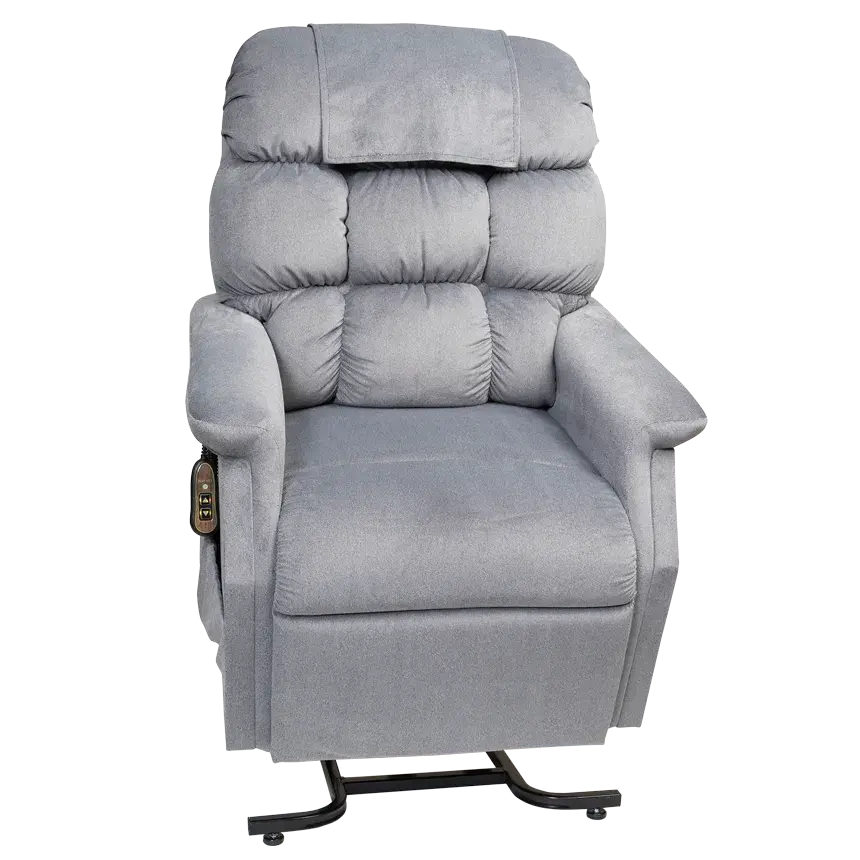 Lift chair recliner in gray microfiber upholstery with tufted back, padded armrests, side remote, and metal base frame