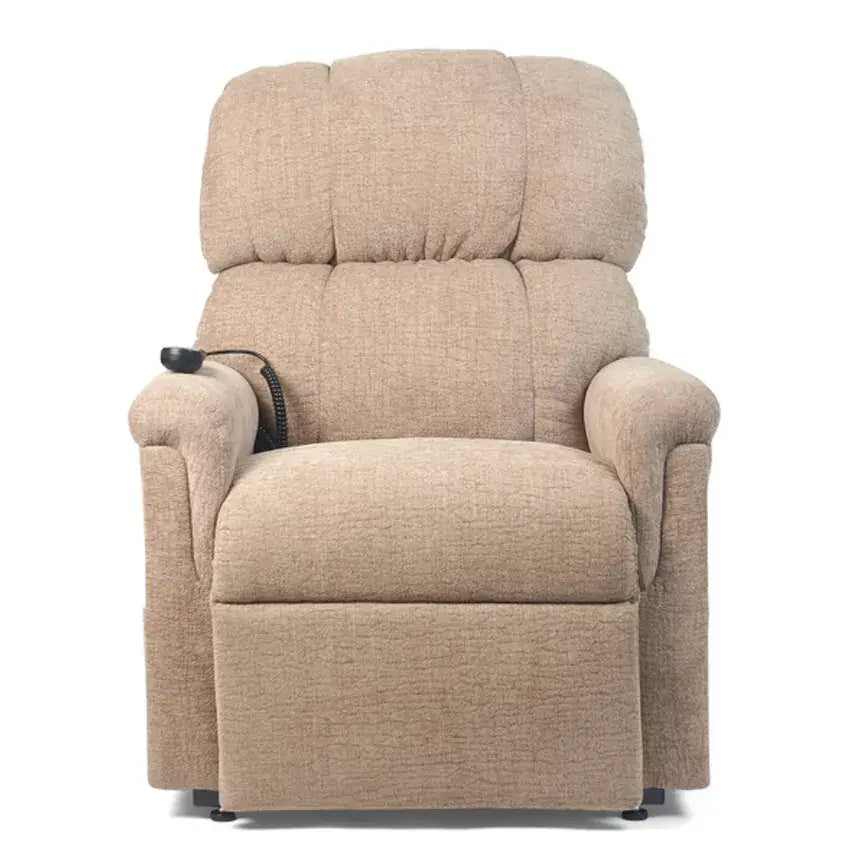 Lift chair recliner in beige chenille fabric with tufted back, rolled arms, and corded hand control, shown from front