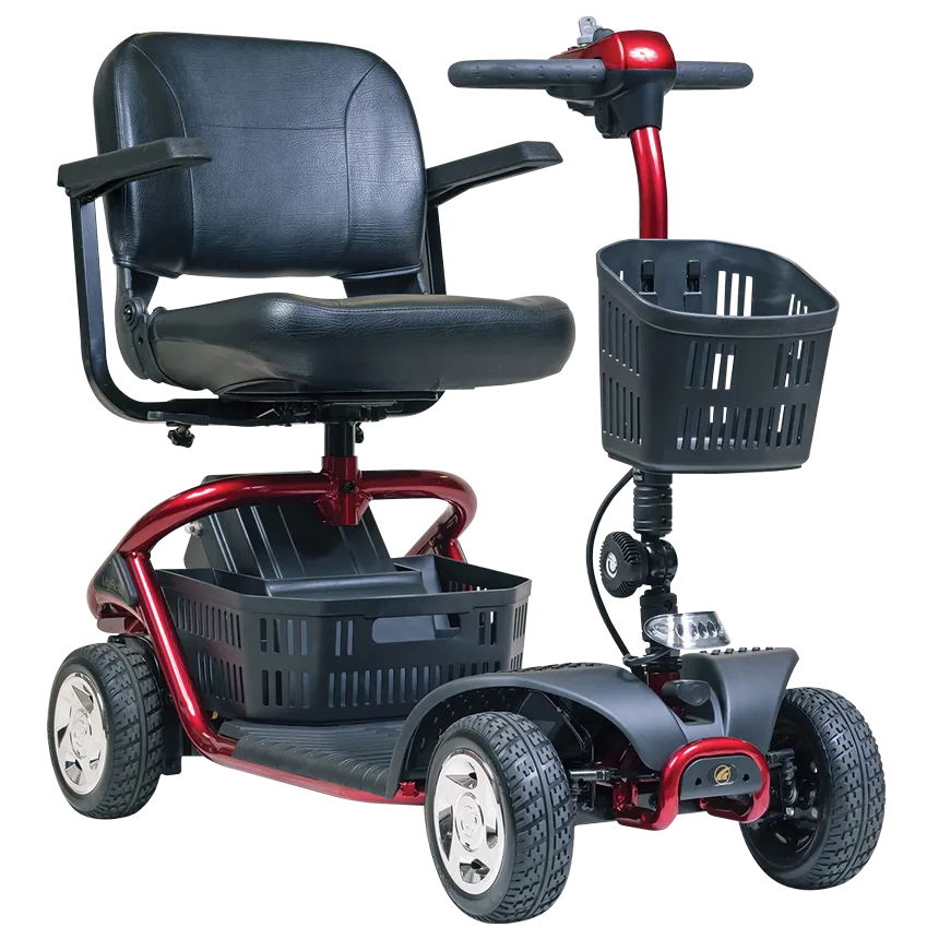 4-wheel mobility scooter with red frame, black padded seat, front and rear baskets, tiller steering, and all-terrain tires