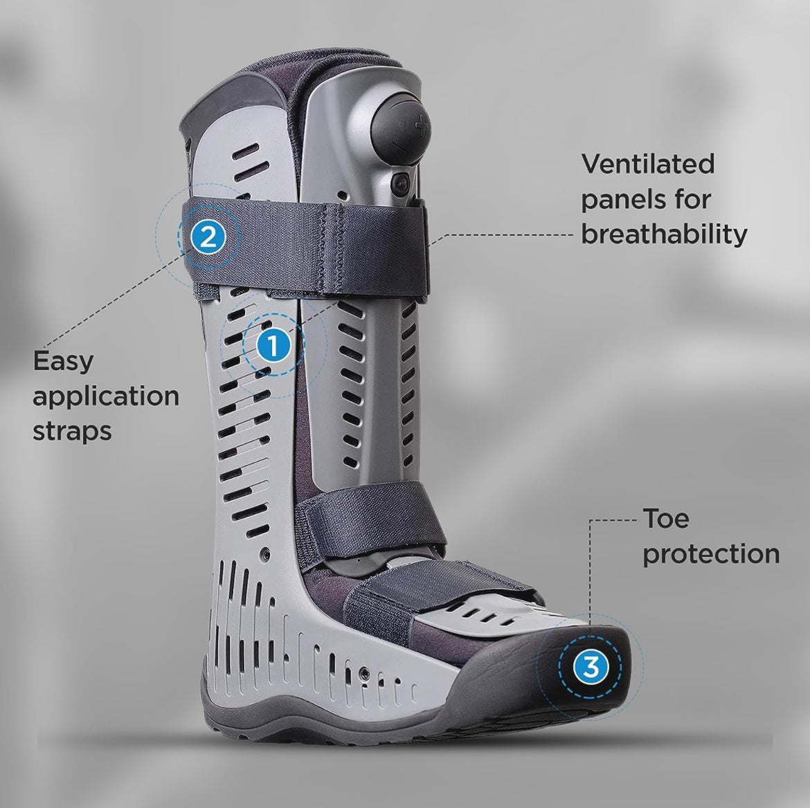 Rebound Air Walker boot in gray with ventilated panels, hook-and-loop straps, toe guard, and pump dial, shown against gray