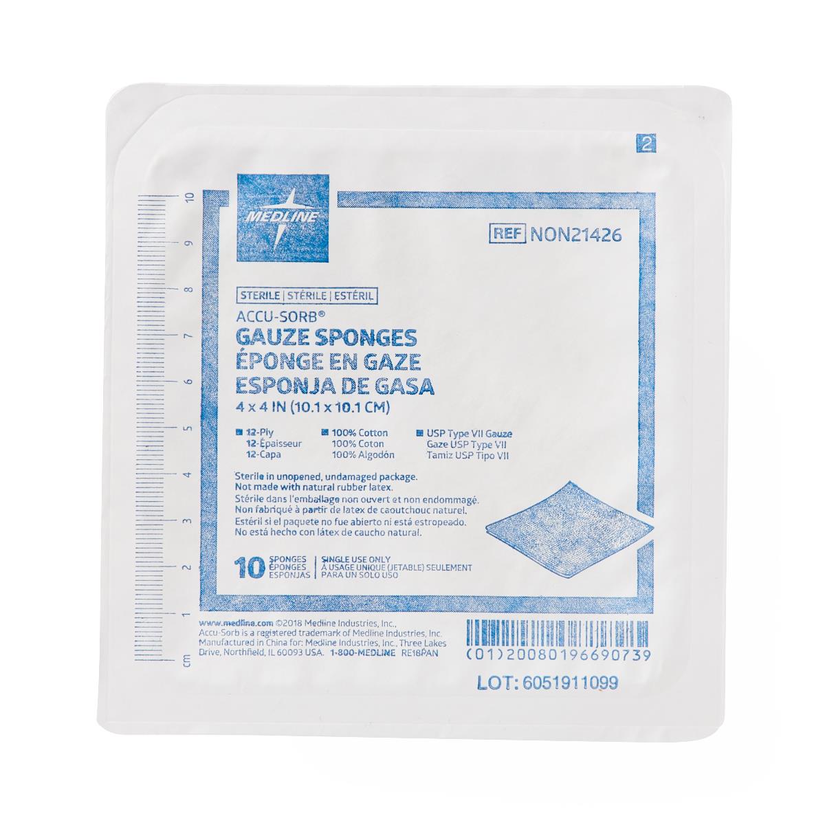 Sterile gauze sponges in sealed clear packaging with blue label, ruler markings along the side, pack of 10