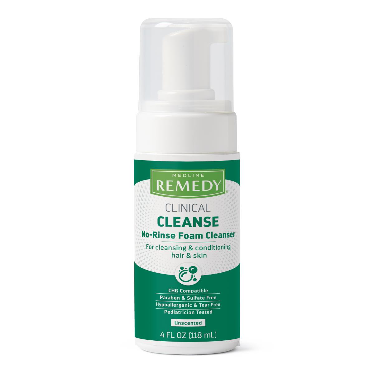 No-rinse foam cleanser in a white pump bottle with green label, unscented, 4 fl oz