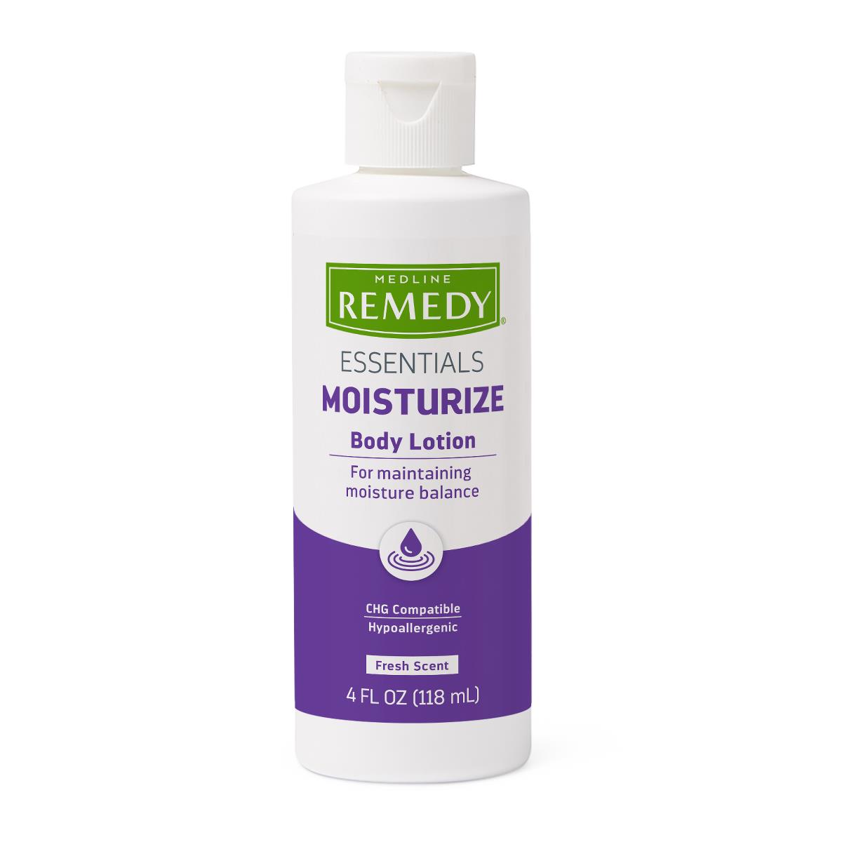 Body lotion in white 4 fl oz flip-top bottle with green and purple label reading Remedy Essentials Moisturize