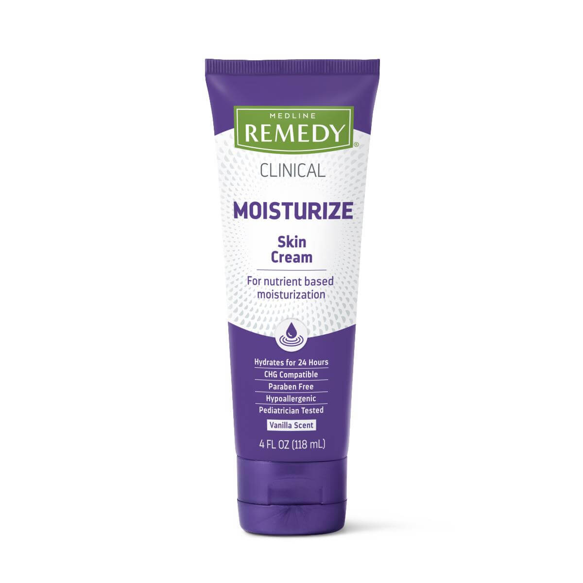 Medline Remedy Clinical Moisturize Skin Cream in a purple and white 4 fl oz squeeze tube with flip cap