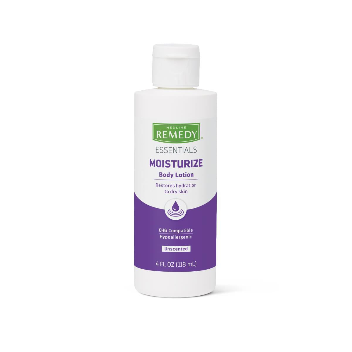 Medline Remedy Essentials Moisturize Body Lotion in a white 4 fl oz bottle with purple label, unscented, hypoallergenic