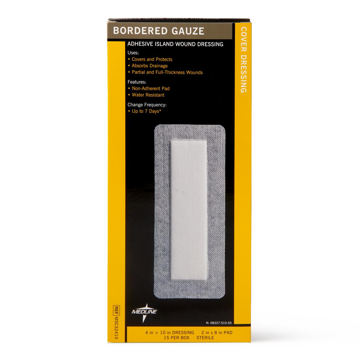 Bordered gauze adhesive island wound dressing box showing a single rectangular dressing with white center pad on yellow and