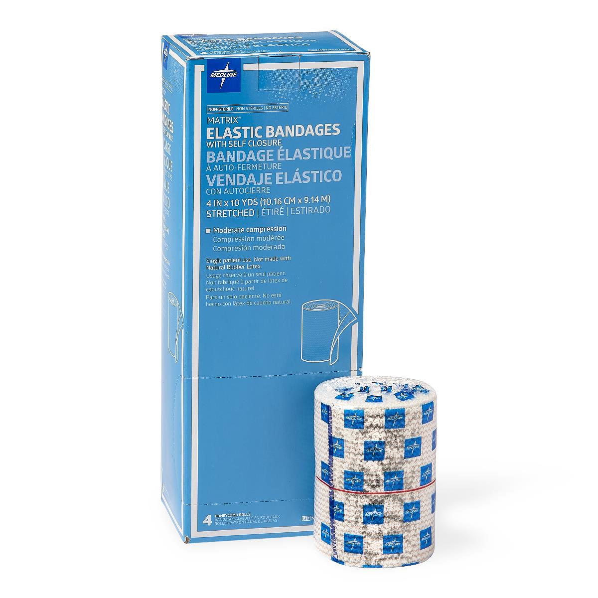 Elastic bandages in blue and white box beside two stacked white rolls with blue logo pattern, self-closure compression wraps