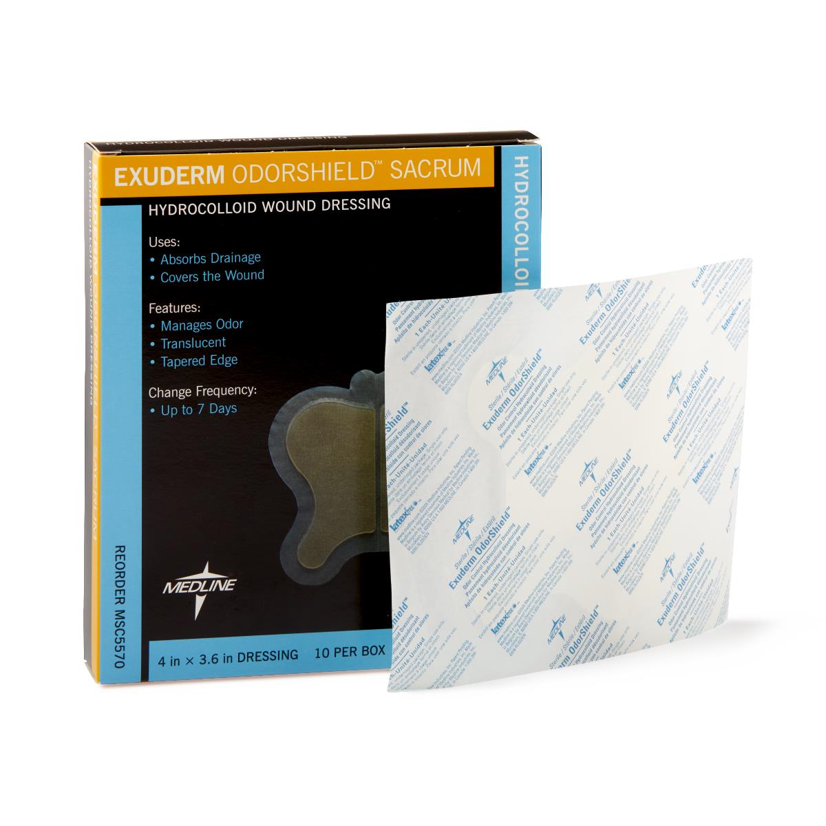 Hydrocolloid sacrum wound dressing box with individually packaged dressing shown beside it, 10 per box